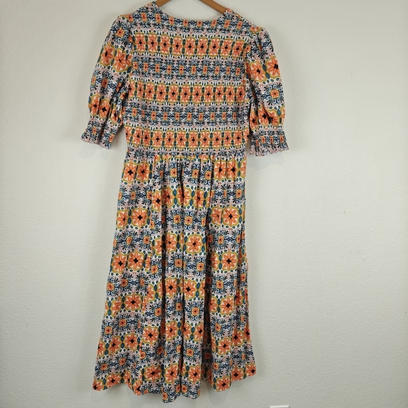 BODEN Smocked Bodice Puff Sleeve Midi Floral Deep V Dress Size 16/18R - Picture 12 of 15